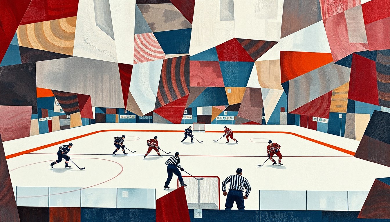 A cubist-style painting featuring fragmented, overlapping geometric shapes in red, white, and blue, conceptually representing the fractured state of the Detroit Red Wings hockey team after years of missing the playoffs.