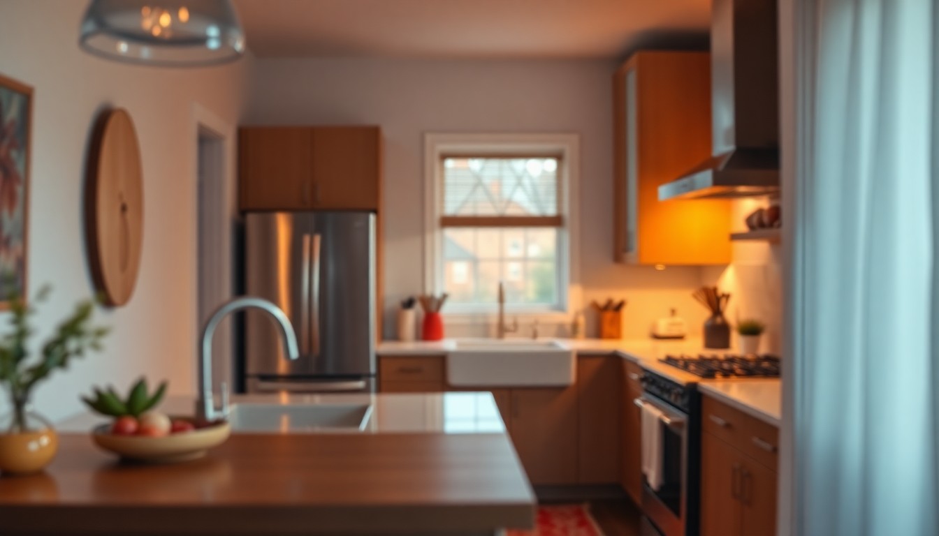 An extremely abstracted, out-of-focus photograph of a modern kitchen interior with warm pools of soft light and color, conveying the cozy, lifestyle-focused atmosphere of the renovated Hoboken home.
