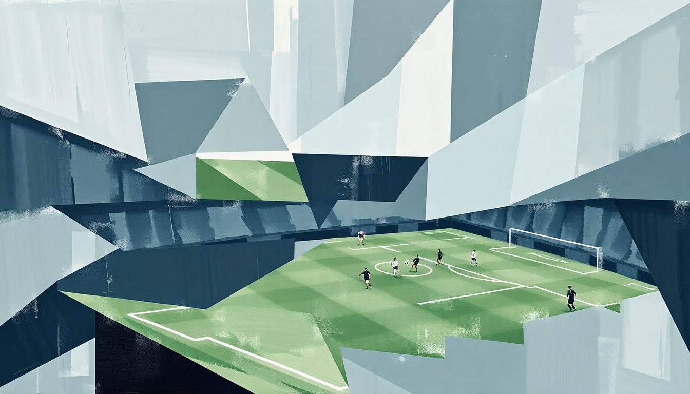 A fractured, geometric painting in muted tones that deconstructs a soccer scene into sharp, overlapping planes, conveying a sense of the team's lack of unity and direction.