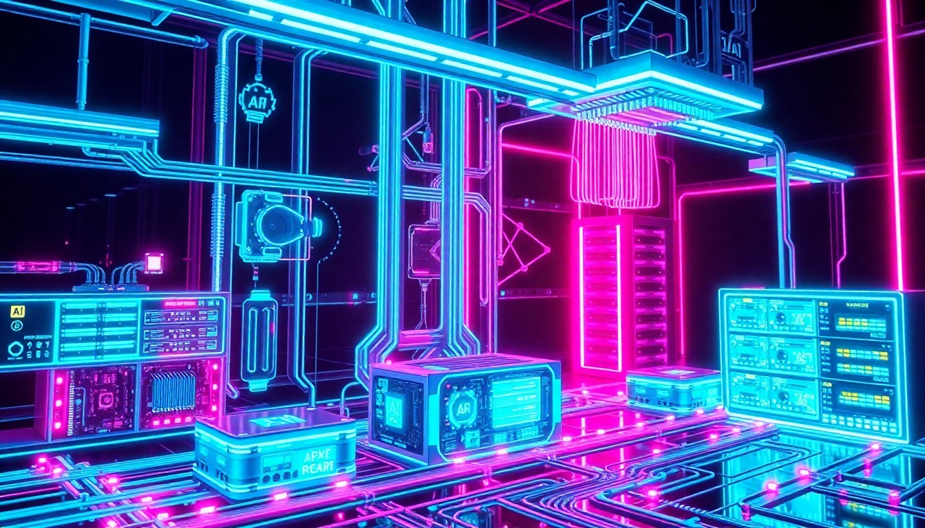 A highly detailed, glowing 3D illustration of futuristic AI hardware and infrastructure components, such as neural network processors, data servers, and fiber optic cables, all illuminated by neon cyan and magenta lights against a dark background, conceptually representing California's efforts to regulate emerging AI technology.