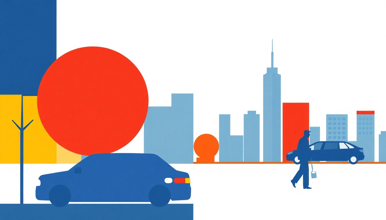 A vibrant abstract illustration using bold geometric shapes and primary colors to conceptually represent the economic impact of rising gas prices on New Yorkers.