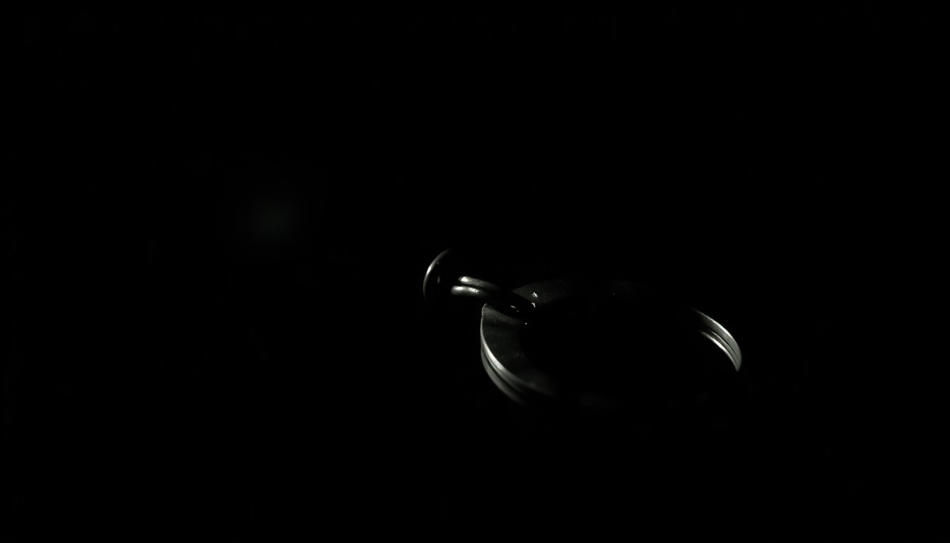 An extreme close-up photograph of a handcuff or other small piece of physical evidence related to a human trafficking crime, lit by a harsh, direct camera flash against a pitch-black background, creating a stark, gritty, investigative aesthetic.