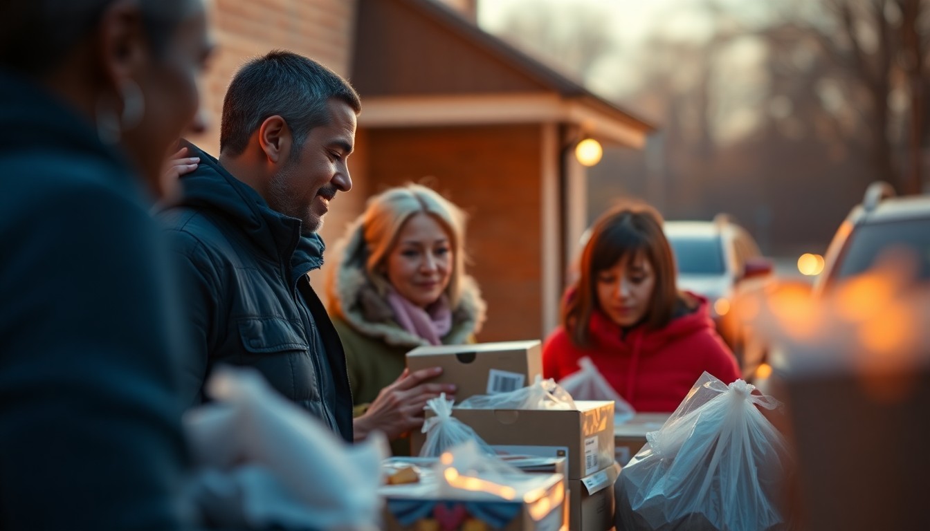 An abstract, out-of-focus photograph showing the blurred silhouettes of people picking up packages from a table, with soft, warm lighting creating an intimate, compassionate mood around the community food distribution event.