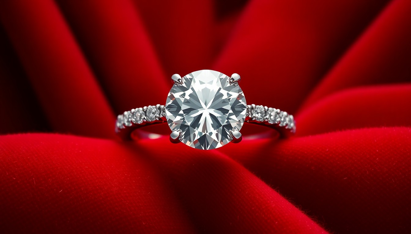 An extreme close-up photograph of a large, emerald-cut diamond engagement ring set in a gold band, resting on a plush red velvet fabric and illuminated by dramatic studio lighting to create a glamorous, high-fashion aesthetic.
