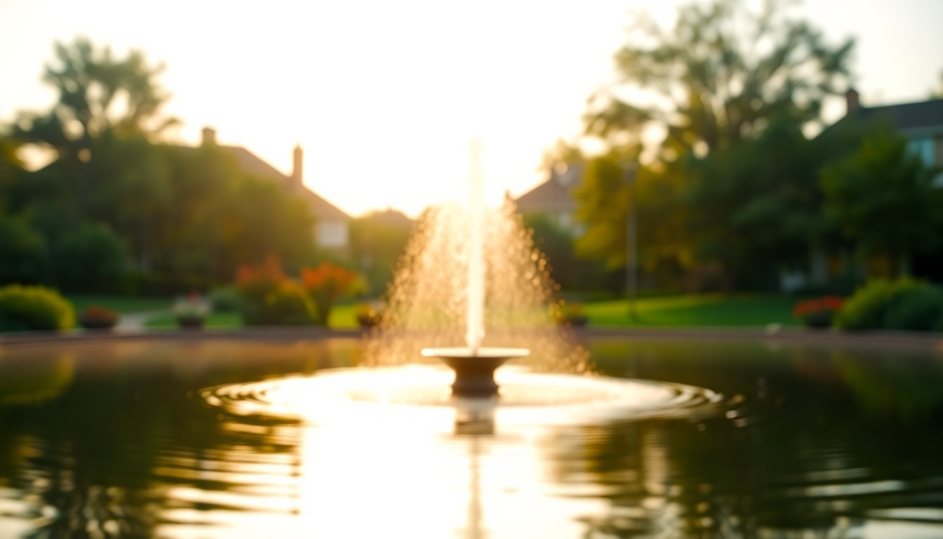 An extremely abstracted, out-of-focus photograph shot through condensation or rain-streaked glass, composed entirely of a tranquil pond scene with a fountain and lush greenery in soft pools of warm, golden light.