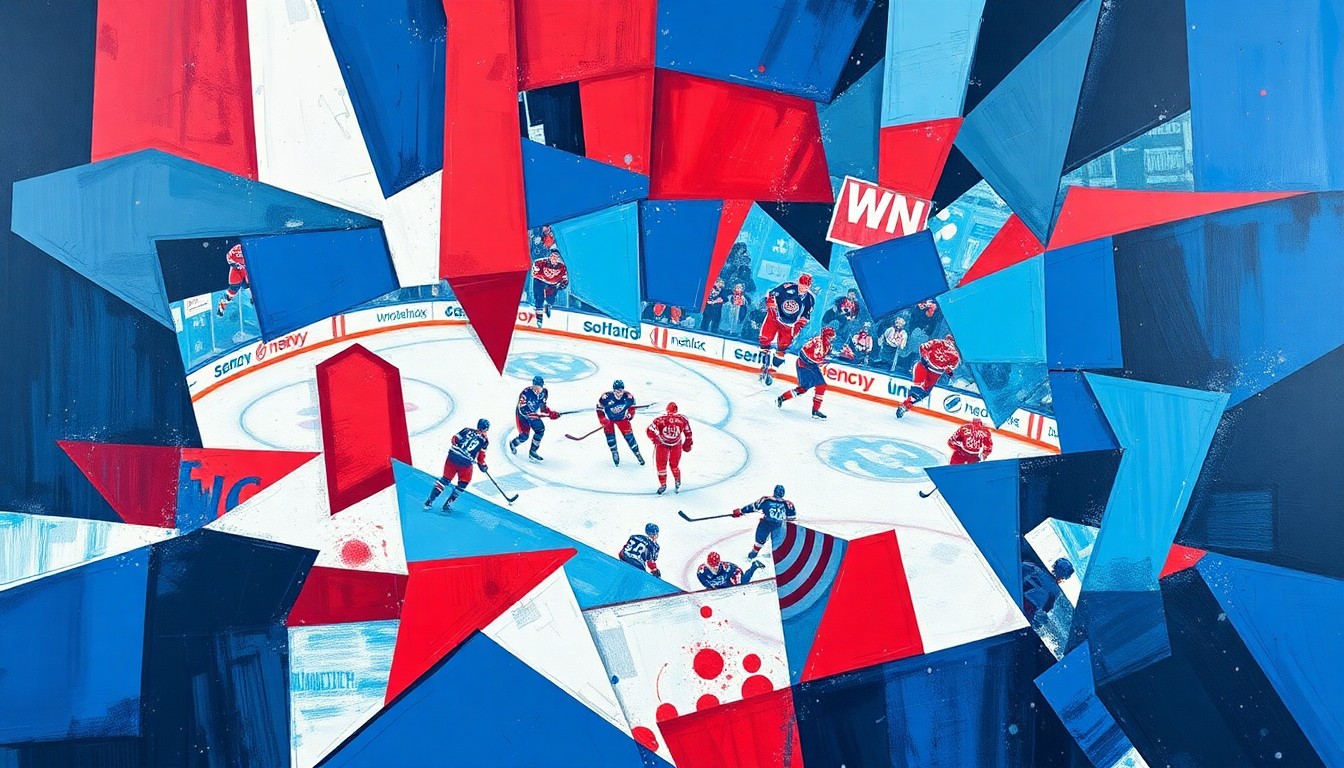 A fragmented, geometric painting depicting the chaotic motion and energy of a hockey game, with sharp planes of blue, red, and white overlapping to create a dynamic, abstract visual.