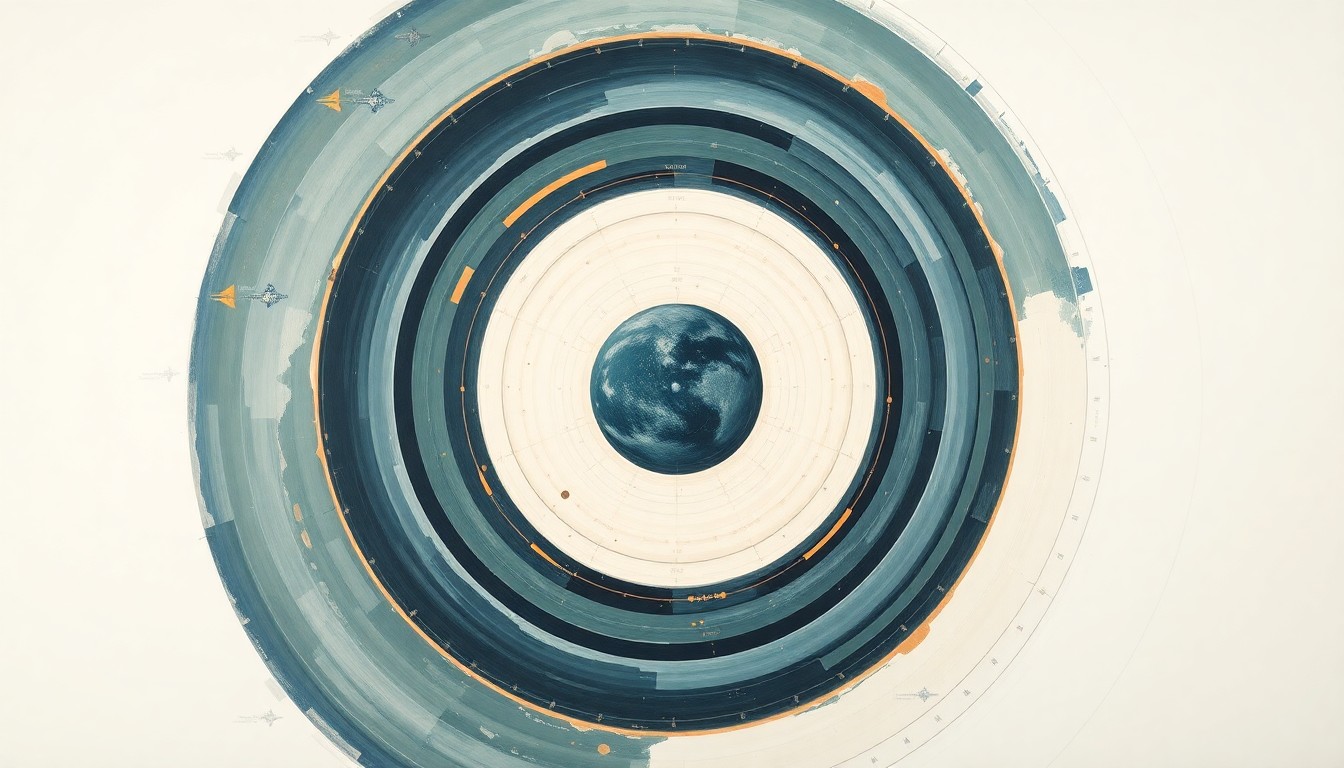 A bold, abstract painting in earthy tones of blue, green, and gold, featuring sweeping geometric arcs, concentric planetary circles, and precise botanical spirals, conceptually representing the Artemis II spacecraft's journey to the moon and back.