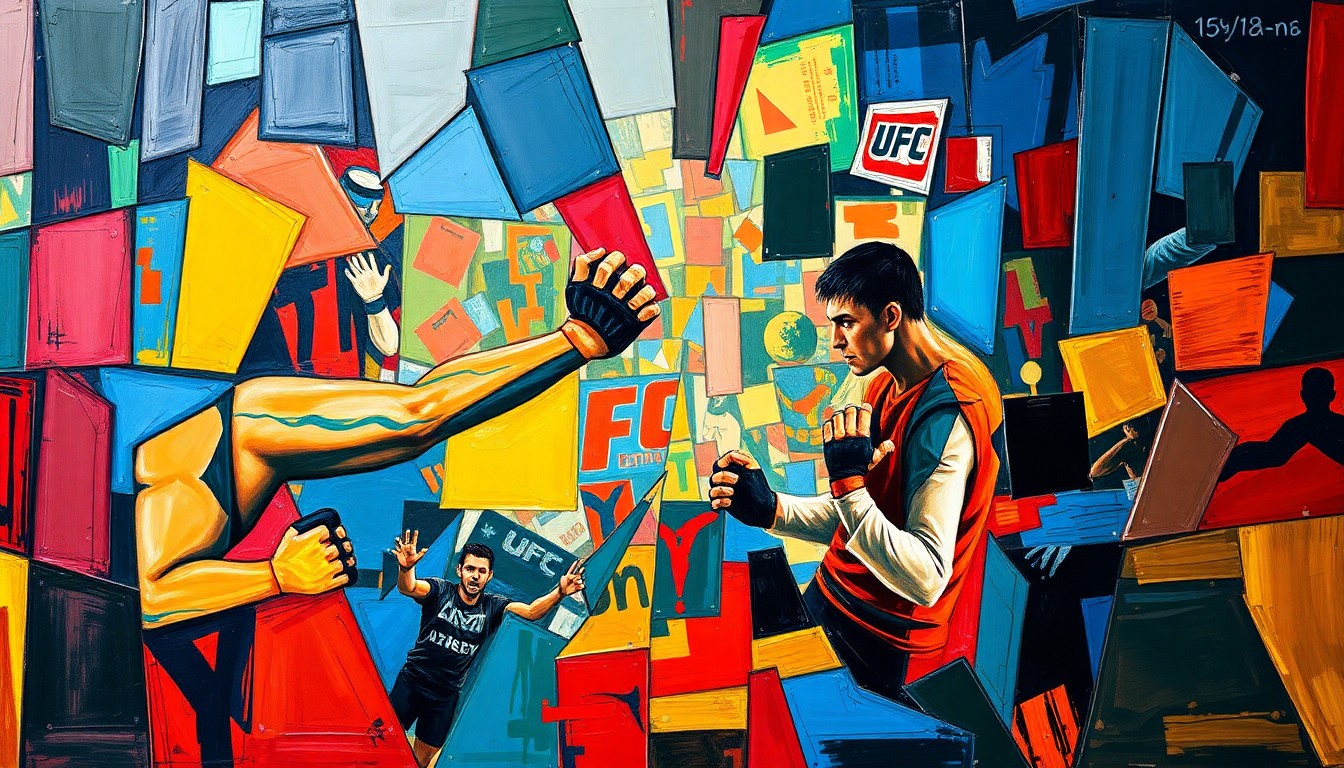 A fragmented, geometric painting depicting the intensity and movement of a UFC fight, with sharp planes of color and overlapping perspectives.