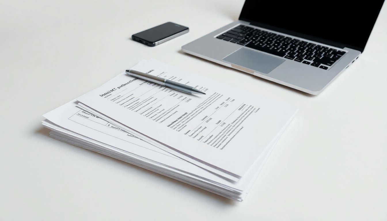 A high-end, photorealistic studio still-life photograph featuring a stack of neatly organized financial documents, a sleek silver pen, and a modern laptop computer, all arranged elegantly on a clean, white seamless background, conceptually representing the financial discipline and transparency of the Doginal Dogs project.