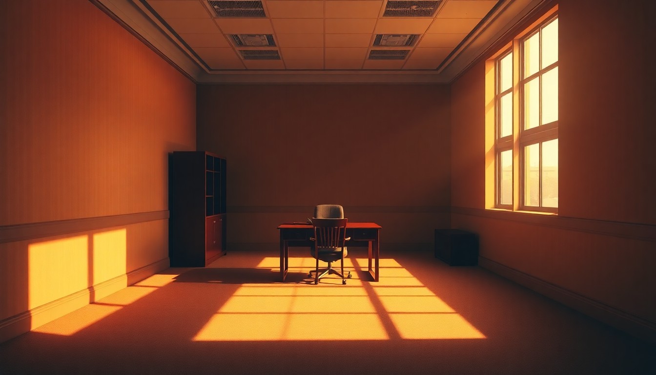 A cinematic painting of an empty government office space, with a lone desk and chair as the only focal point, bathed in warm, diagonal sunlight and deep shadows, conceptually representing the challenges faced by Trump administration officials who prioritize loyalty over pragmatic governance.