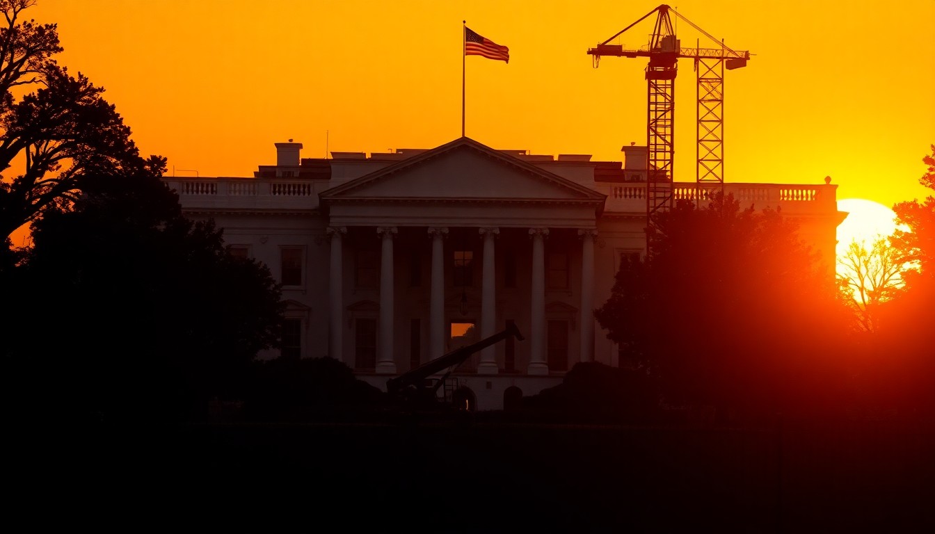 A serene, cinematic painting depicting the White House at sunset, with the faint outline of construction equipment in the foreground, conveying a sense of political tension and the need to balance security and preservation.