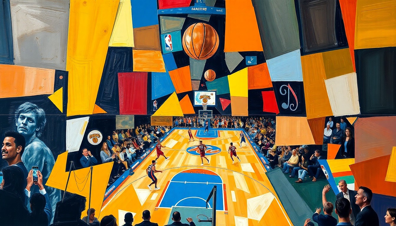 A cubist, geometric painting depicting a basketball game in motion, with overlapping shapes and planes representing the players, the ball, and the court, capturing the energy and dynamism of the sport.