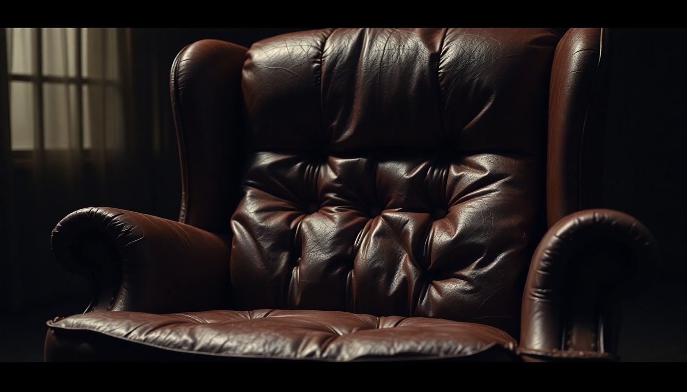 An extreme close-up photograph of a tattered, worn leather armchair, capturing the rich, textured upholstery in high contrast to evoke a sense of nostalgia and the passing of time, symbolizing the legacy of a beloved television icon.