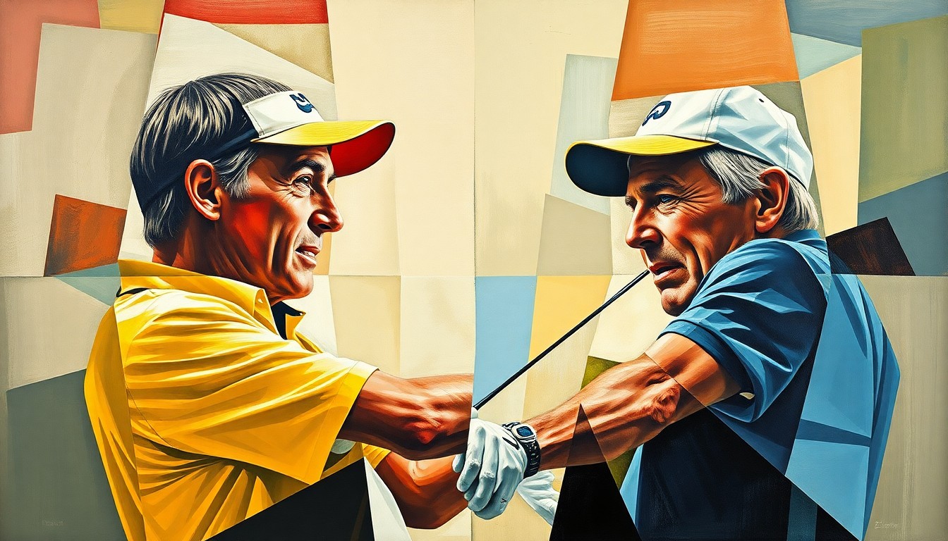 A cubist, geometric painting depicting a fractured, multi-perspective scene of a golf match or competition between two players, conceptually representing the ongoing rivalry between Nick Faldo and Greg Norman.