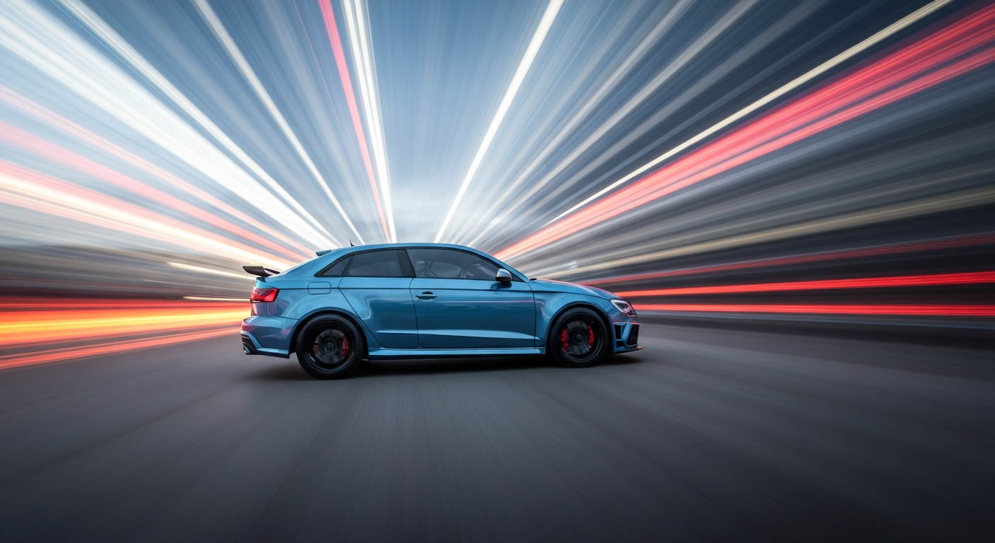 An abstract, blurred image of an Audi RS 3 competition model, with vibrant streaks of color and motion, capturing the essence of speed and engineering innovation.