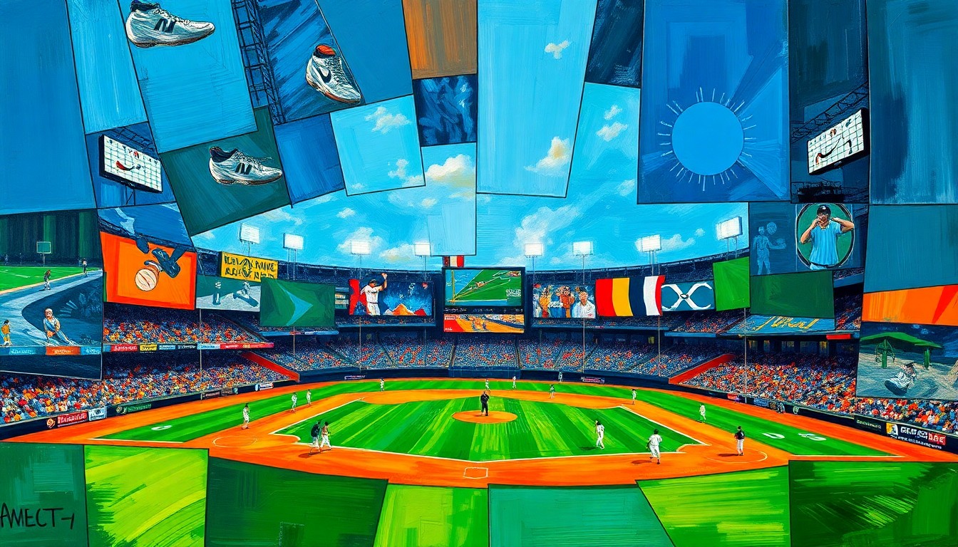 A cubist, geometric painting depicting a baseball game or match, with sharp, overlapping planes of color and shape, capturing the dynamic energy and movement of the sport.