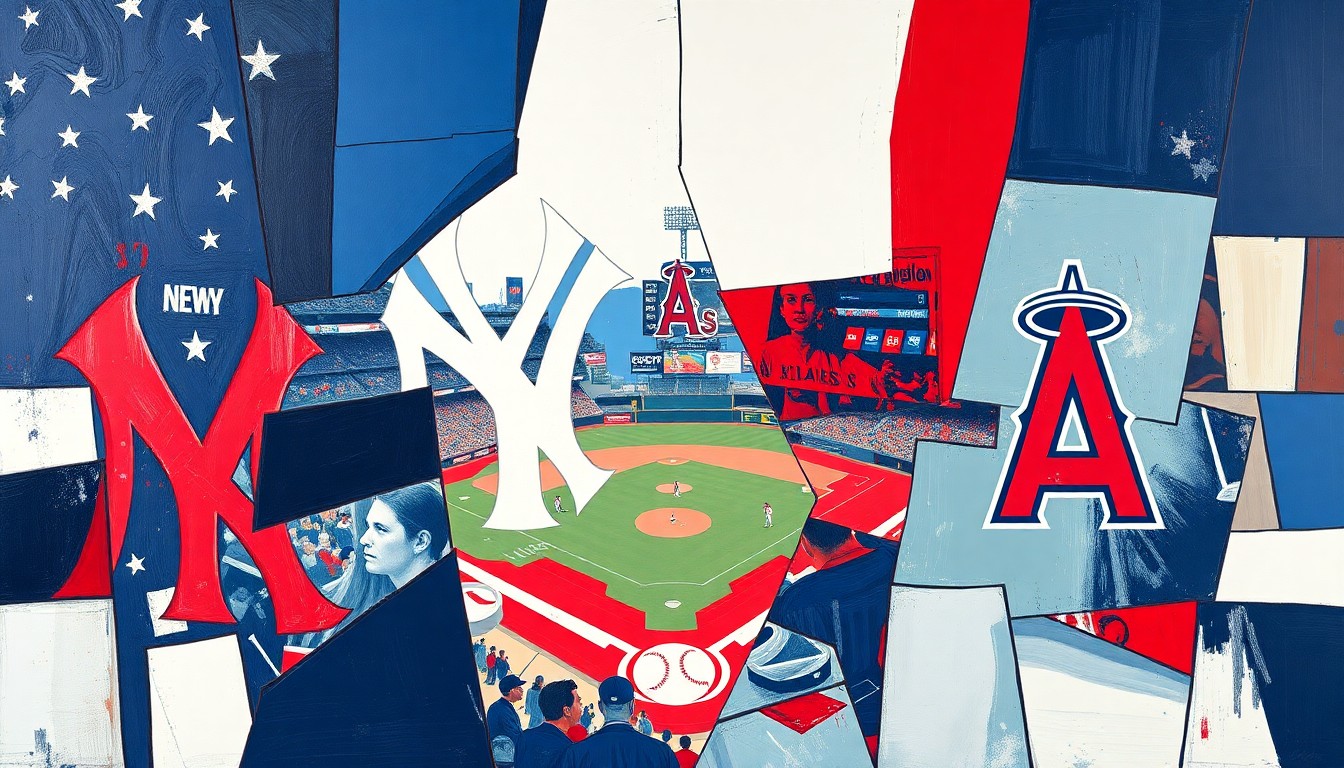 A cubist, geometric painting depicting a baseball game or match between the New York Yankees and Los Angeles Angels, with the players and field broken down into sharp, overlapping planes of vibrant colors like navy blue, red, and white.