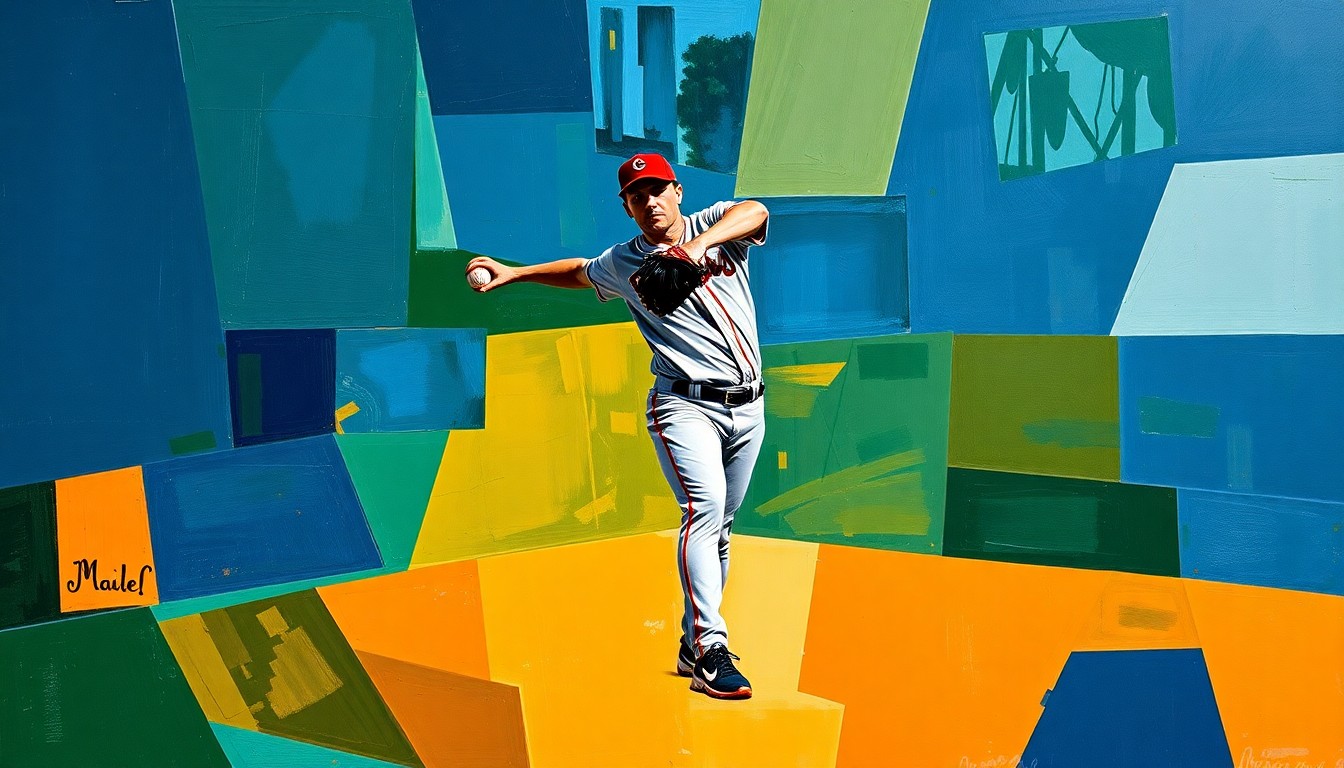 A fractured, multi-perspective painting in a cubist style, breaking down a baseball pitcher's windup and delivery into sharp, overlapping geometric planes in a palette of navy blue, forest green, and burnt orange, conceptually representing the strategic approach of a veteran player's return to the game.