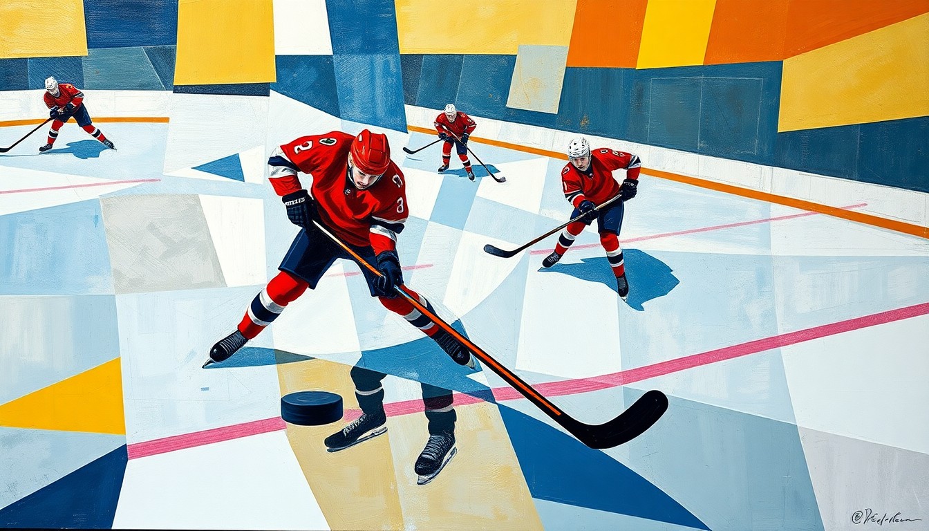 A cubist, geometric painting depicting the dynamic movements and action of a hockey game, with players and the puck represented through overlapping, fragmented shapes and planes.