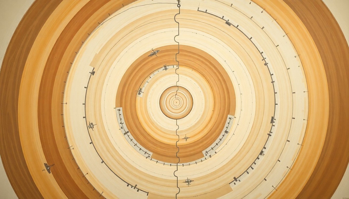 A highly structured abstract painting in muted earth tones, featuring sweeping geometric arcs, concentric circles, and precise spirals, conceptually representing the complex mechanics and forces of a gravity-based energy storage system.