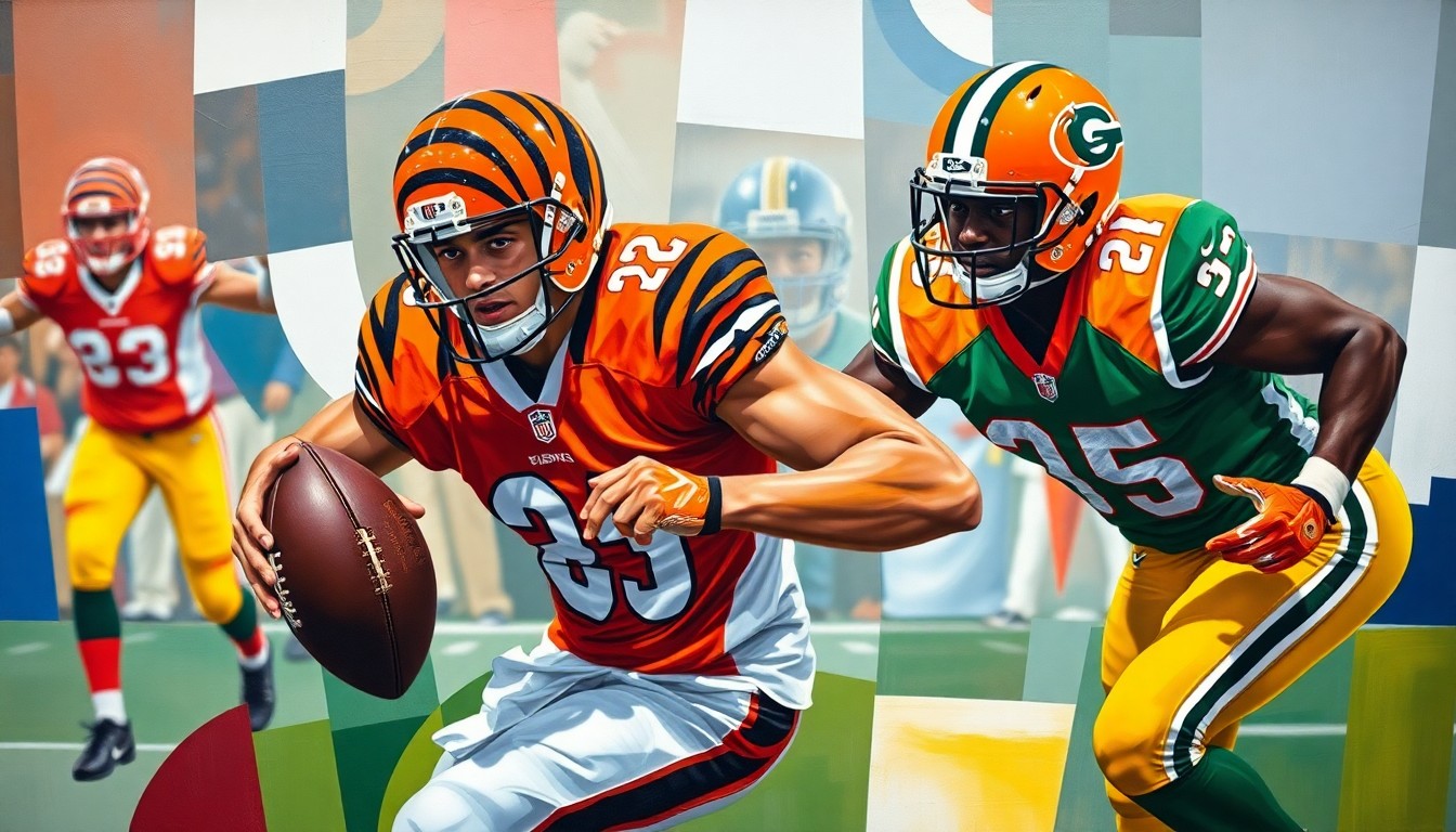 A fractured, geometric painting depicting a football player in the act of rushing the passer, with sharp planes of vibrant orange, black, green, and yellow colors conceptually representing the power and energy of an elite edge defender.