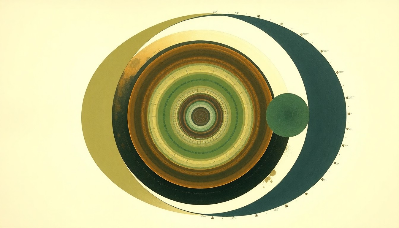 A highly structured abstract painting in earthy tones of green, brown, and blue, featuring sweeping geometric arcs, concentric circles, and precise botanical spirals, conceptually representing the complex scientific forces and potential of nuclear fuel recycling.
