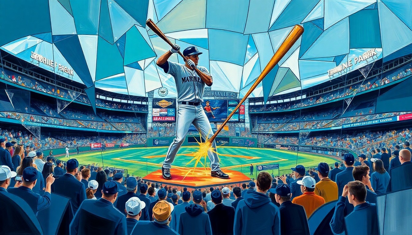 A cubist, geometric painting depicting the broken bat of Ichiro Suzuki's statue, with the scene fractured into sharp, overlapping planes of navy blue, teal, and silver to capture the energy and emotion of the moment.