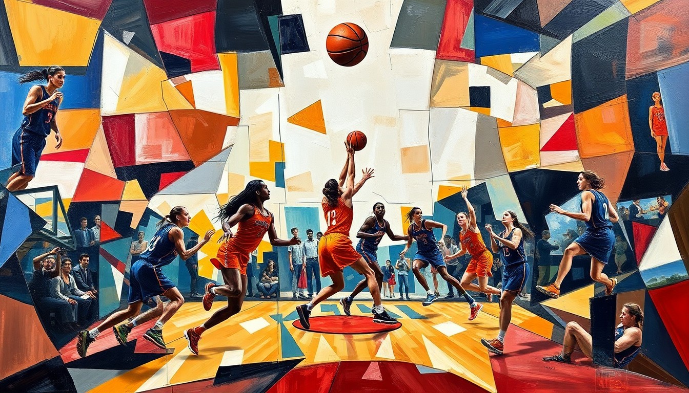 A fractured, cubist-style painting depicting the dynamic movements and energy of a women's basketball game, with players' forms broken down into sharp, overlapping geometric shapes and planes of vibrant color.