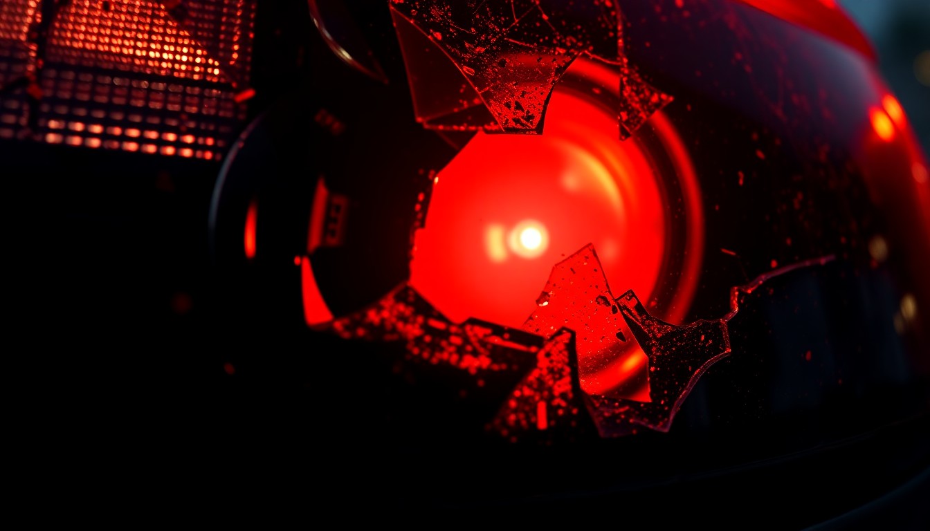 An extreme close-up of a shattered car sensor lens reflecting a faint red light, conceptually illustrating the fragility and human cost behind construction projects.