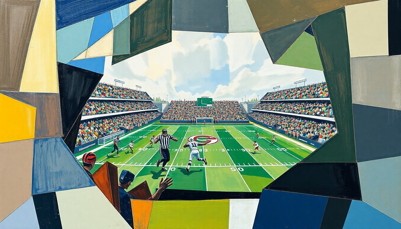 A cubist, fragmented painting depicting a football game, with players and field elements broken down into sharp, angular shapes and planes of color, conveying a sense of motion, energy, and strategic reconfiguration.