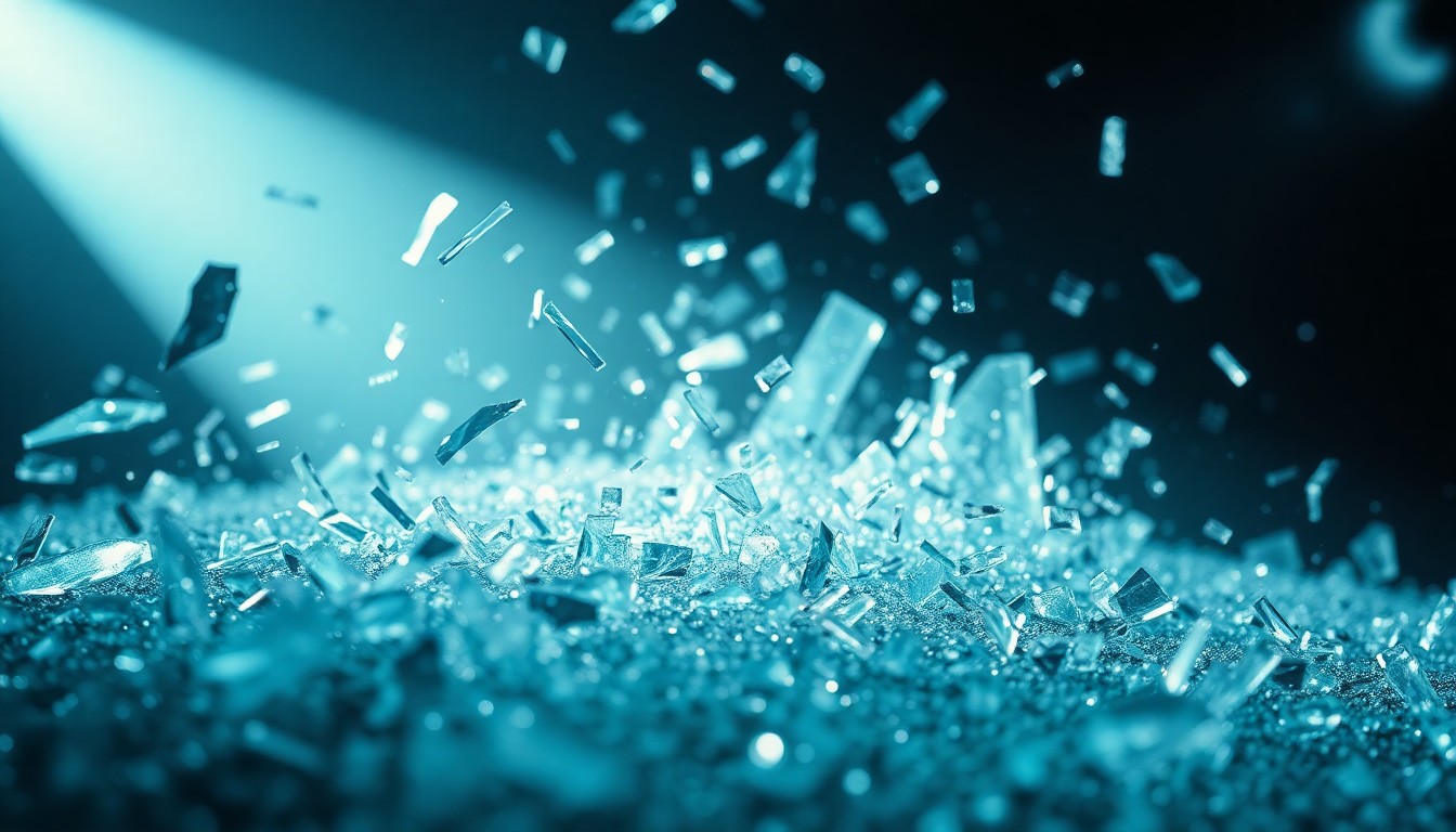 An extreme close-up of shattered glass and glittering shards, captured in dramatic, high-contrast studio lighting to convey the chaotic and unpredictable nature of the film's heist.