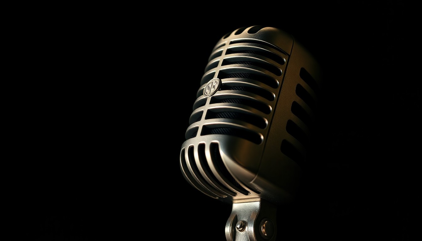 An extreme close-up photograph of a vintage radio microphone, its metallic surface reflecting dramatic studio lighting and creating a high-contrast, glamorous aesthetic that evokes the nostalgia and significance of classic radio broadcasting.
