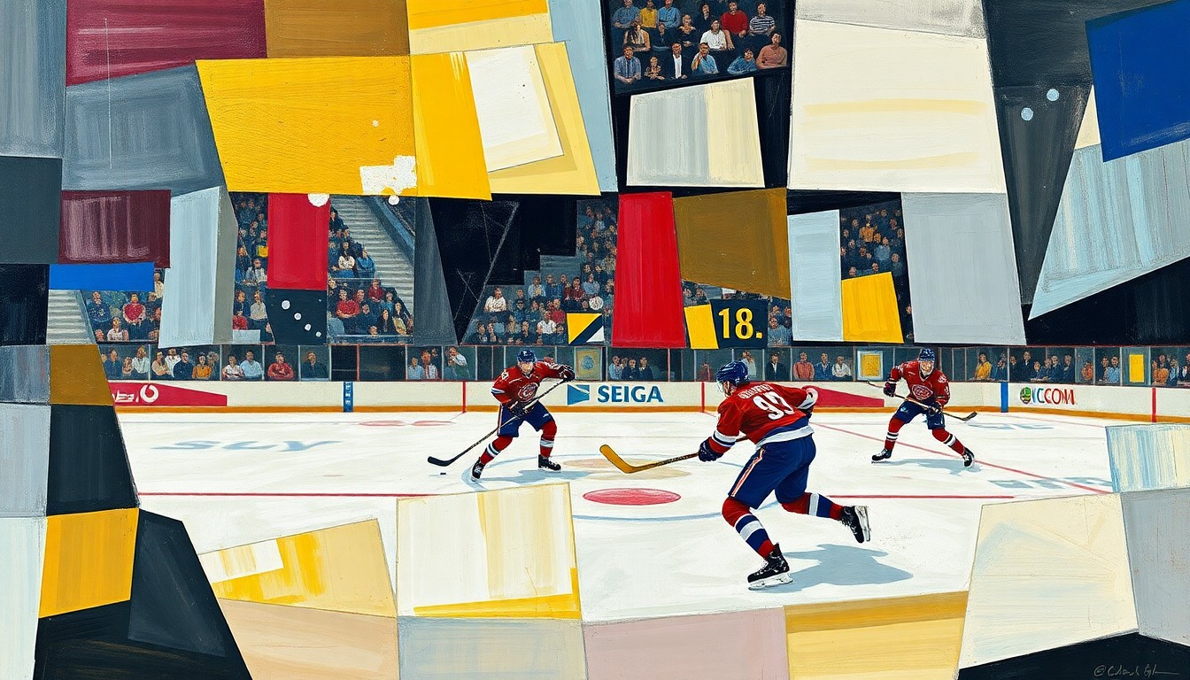 A fragmented, geometric painting depicting a hockey game or match, with sharp, overlapping shapes and planes representing the intense competition and strategic maneuvering of the sport.