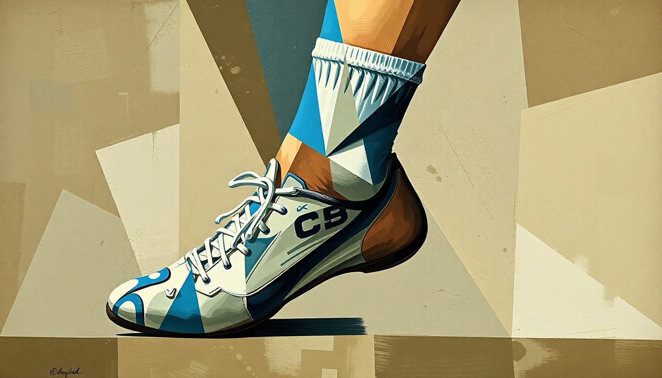 A fragmented, geometric painting depicting a football player's injured ankle, with sharp planes of muted earth tones and blues conveying the complexity and uncertainty of his recovery process.