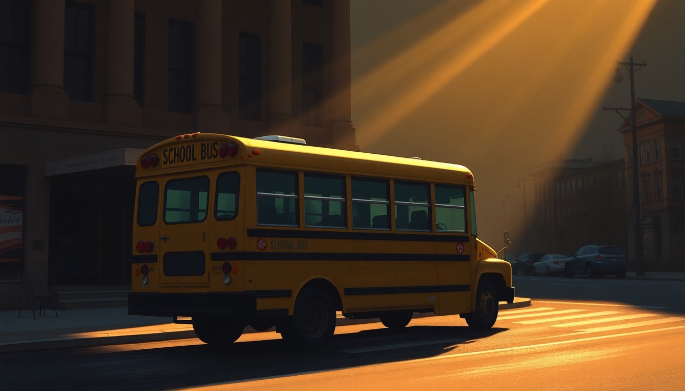 A serene, cinematic painting of a solitary school bus parked on a city street, with warm sunlight and deep shadows creating a contemplative mood, conceptually representing the ongoing debate over the role of mayoral control in New York City's education system.