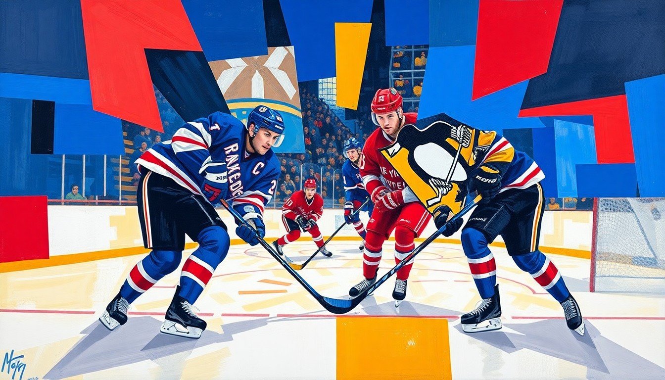 A fractured, multi-perspective painting depicting a hockey game between the New York Rangers and Pittsburgh Penguins, with sharp, overlapping geometric planes in vibrant colors representing the teams' uniforms and the dynamic action on the ice.