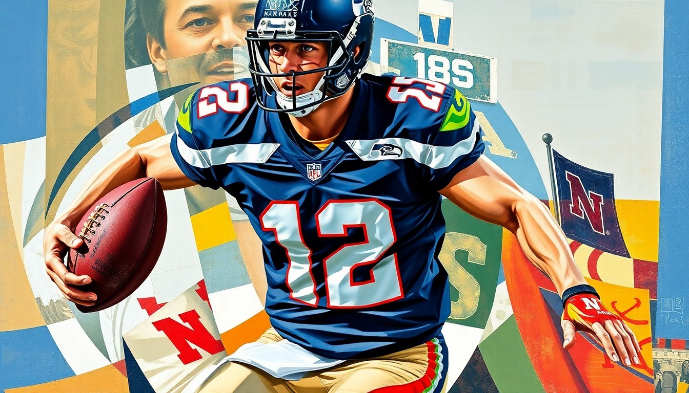 A fractured, multi-perspective painting depicting a football player in motion, with sharp, overlapping geometric planes in the colors of the Seattle Seahawks and the University of Nebraska, conceptually representing the strategic considerations behind the team's interest in the talented running back prospect.