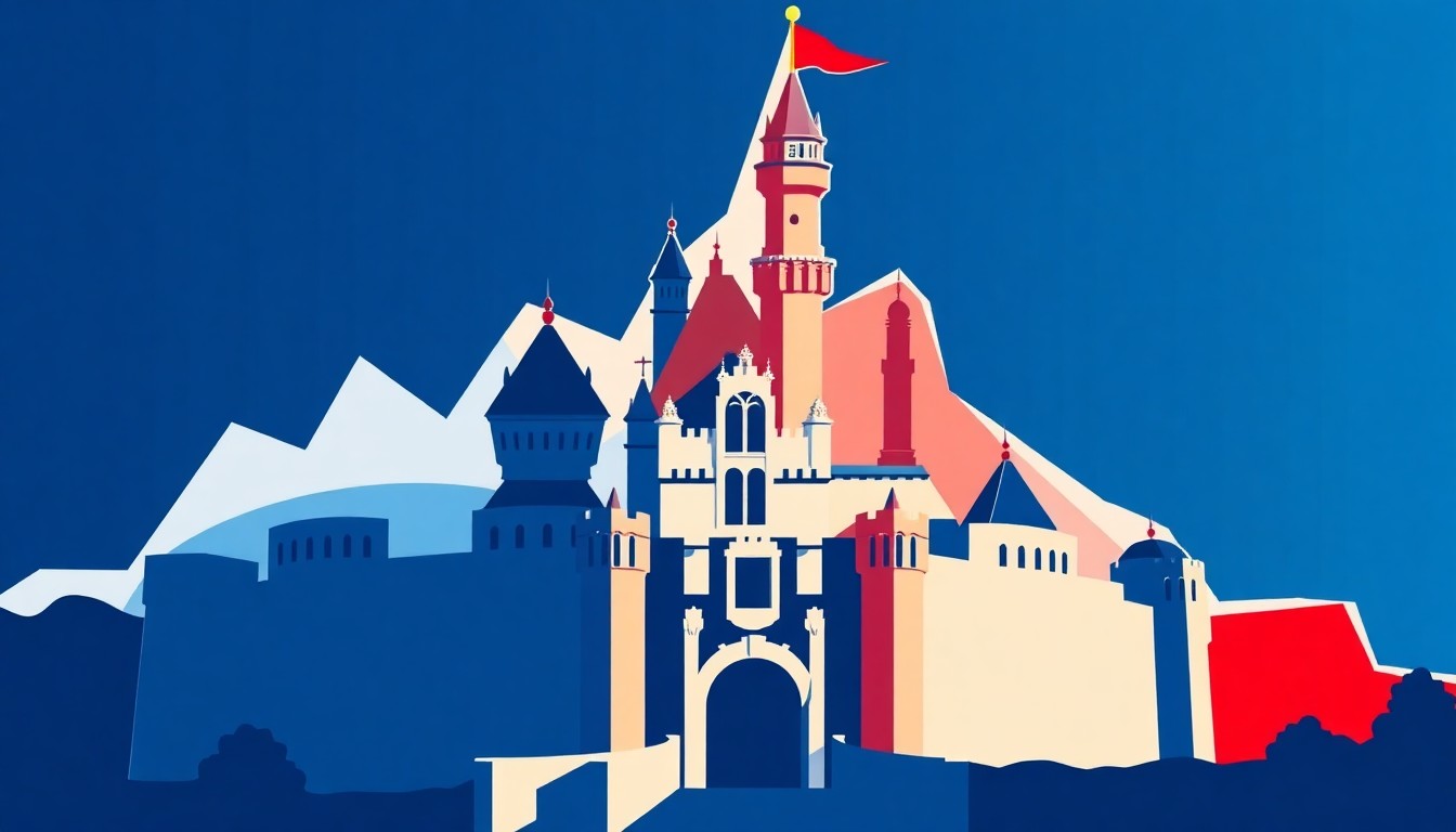 A striking abstract illustration featuring bold, geometric shapes in shades of blue, red, and white, conceptually representing the iconic Sleeping Beauty Castle at the heart of Disneyland Paris.
