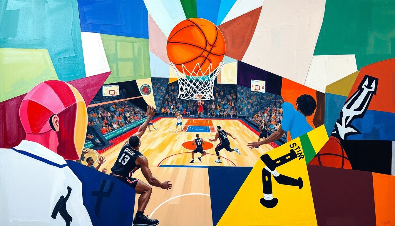 A cubist, geometric painting depicting a basketball game in motion, with the court and players fragmented into sharp, overlapping planes of vibrant colors representing the official team colors of the top playoff contenders.