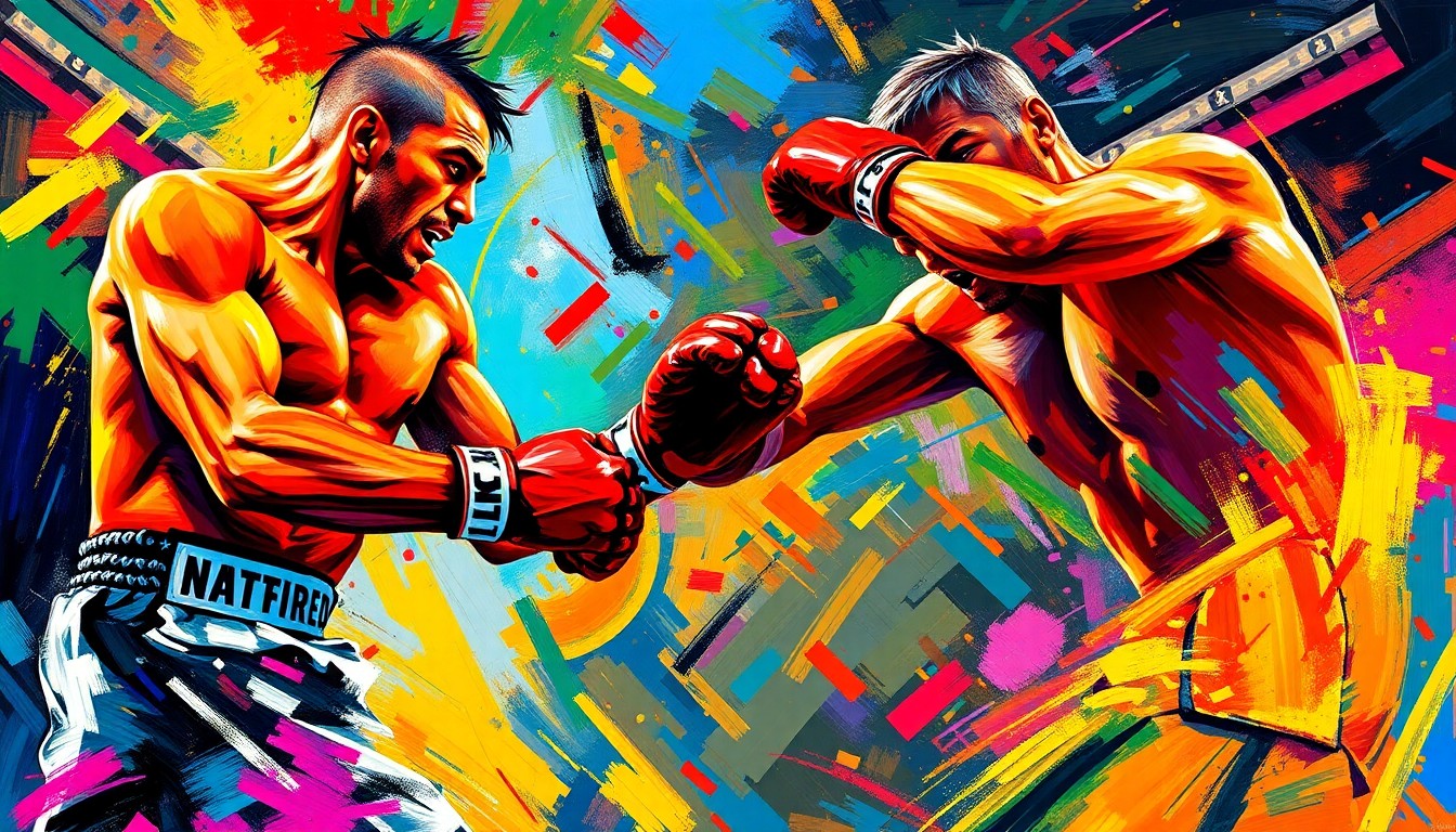 An abstract painting in neon colors, with rapid brushstrokes conveying the dynamic movement and energy of a mixed martial arts fight.
