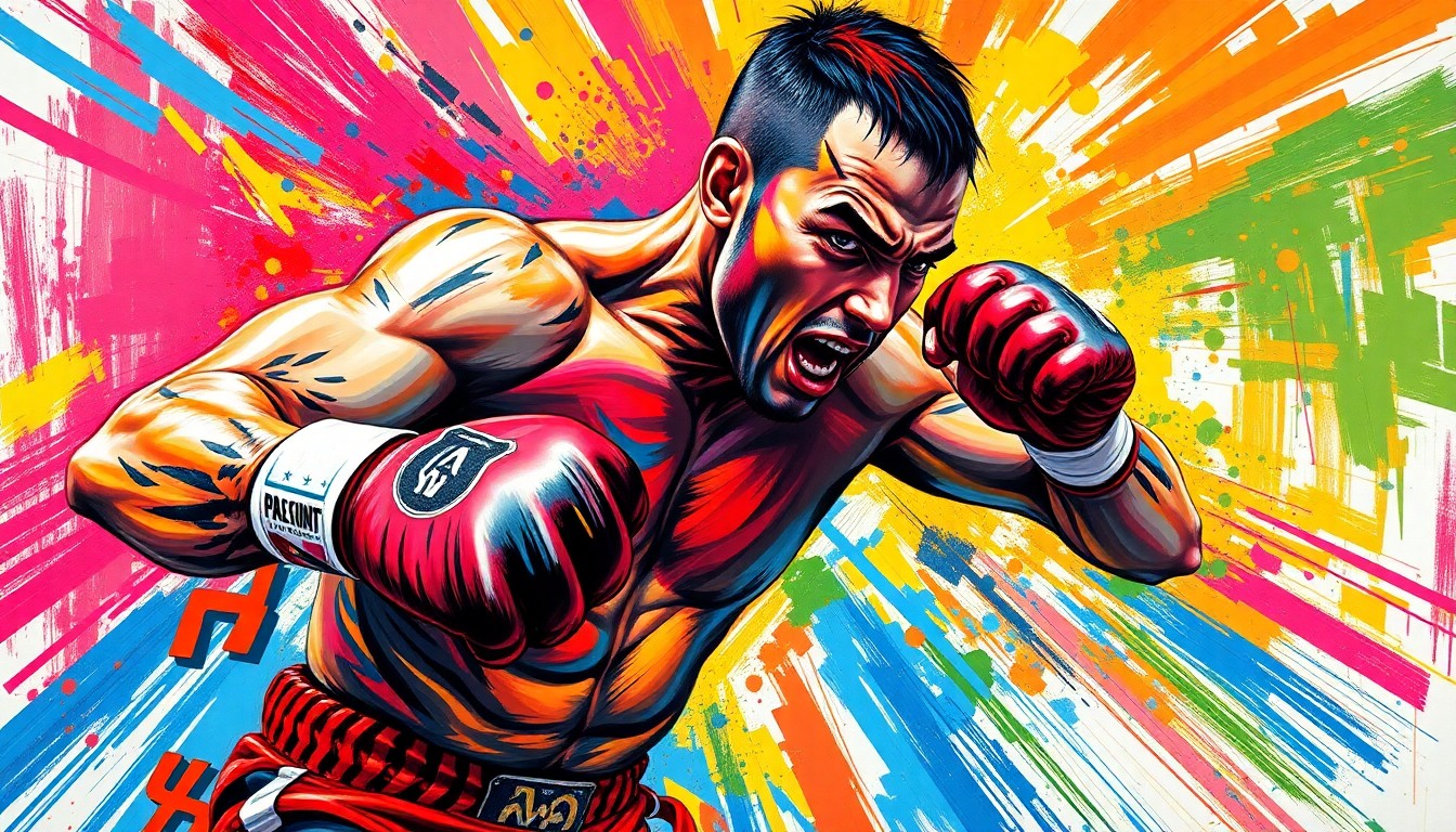 An extreme close-up of a fighter's fist connecting with his opponent's face, rendered in a vibrant, expressionist style with neon colors and dynamic brushstrokes, capturing the raw power and energy of the knockout moment.