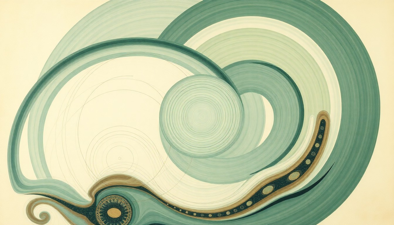 A highly structured, abstract painting in muted tones of green, blue, and brown, featuring sweeping geometric arcs, concentric circles, and precise botanical spirals, conceptually representing the disruption of the Great Lakes ecosystem by the invasive Asian carp.