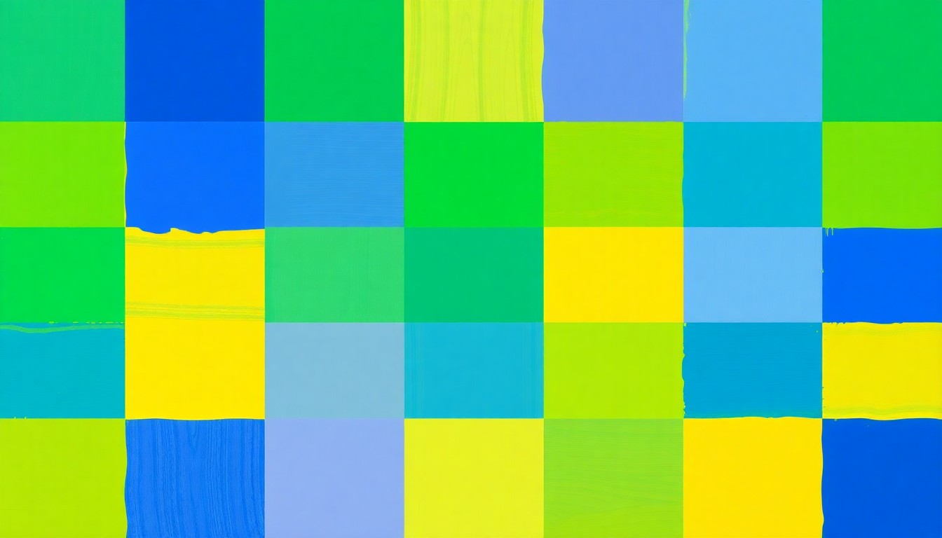 A bold, abstract image composed of a repeating grid of stylized paint palettes in shades of blue, green, and yellow, conceptually representing the creative vibrancy of Spokane's arts community.