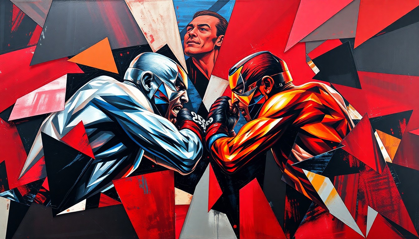 A fragmented, cubist-style painting depicting the chaotic movements and collisions of a UFC fight, with sharp geometric shapes and planes of vivid colors representing the dynamic action.