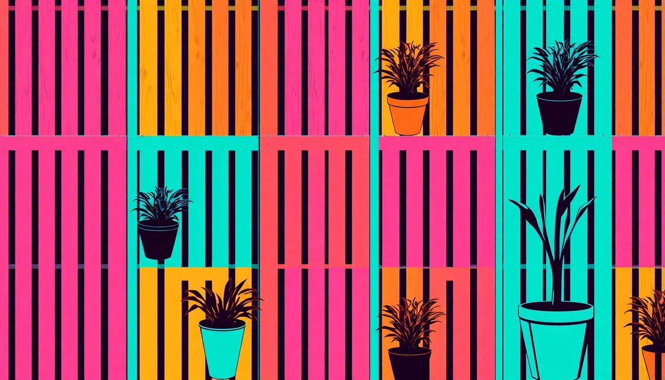 A high-contrast silkscreen print in neon pink, orange, and blue featuring a repeating grid of a single stylized outdoor privacy screen object, such as a wood slat panel or metal trellis, rendered in a bold, graphic style without any text or identifiable elements.