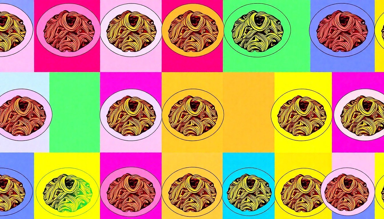 A high-contrast, silkscreen-style illustration featuring a repeated pattern of a single pasta dish, such as a bowl of mac and cheese or a plate of spaghetti bolognese, rendered in a bold, neon color palette with heavy black outlines, capturing the lively, pop art spirit of Egg & Flour Pasta Bar's 50-year history.
