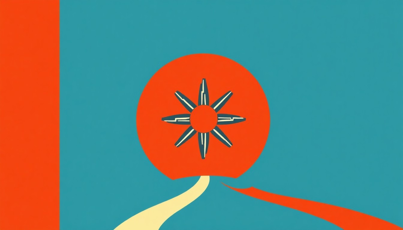 A minimalist, abstract illustration using bold shapes and primary colors to conceptually represent the intersection of energy infrastructure and economic development in New Mexico, without any text or identifiable elements.