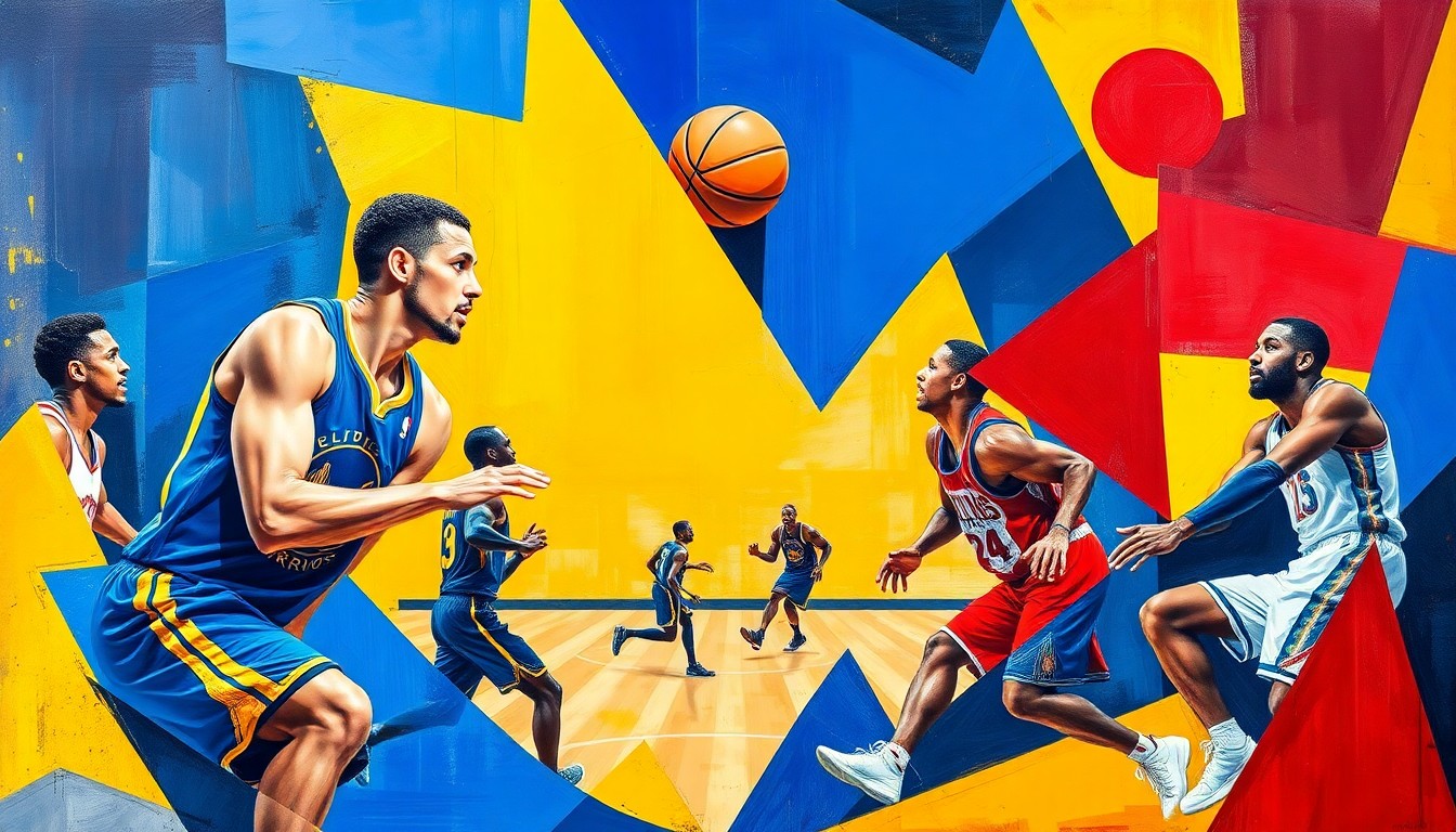 A fractured, cubist-style painting depicting an abstract basketball game, with the players' forms broken down into angular shapes and planes of bright, contrasting colors.