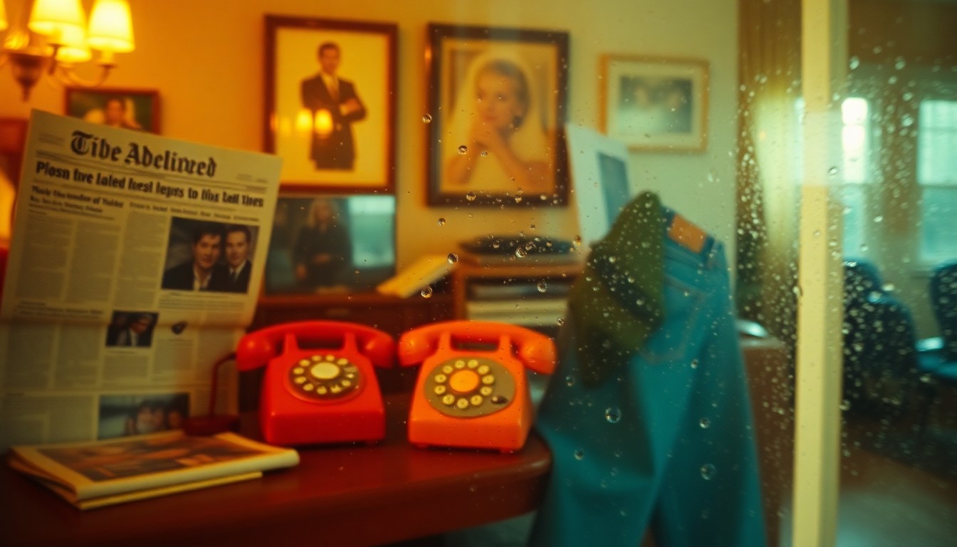 An extremely blurred, impressionistic photograph showing faint outlines of 1970s American lifestyle objects like a newspaper, a rotary phone, and bell-bottom jeans, all bathed in a warm, dreamlike glow, conceptually representing the nostalgic mood of revisiting the past.