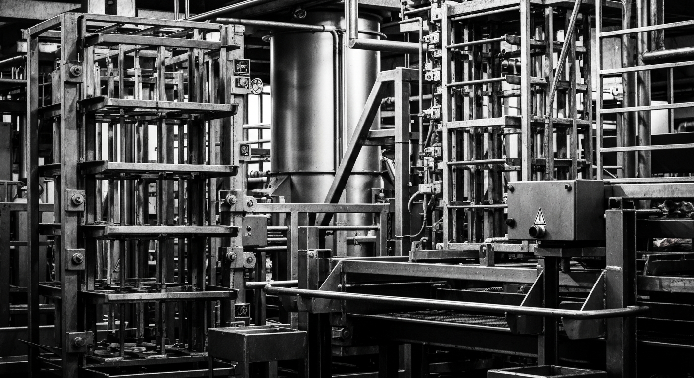 A high-contrast black and white close-up image of heavy machinery, pipes, and industrial equipment used in meat processing and packaging, conveying the scale and precision of Smithfield Foods' operations.